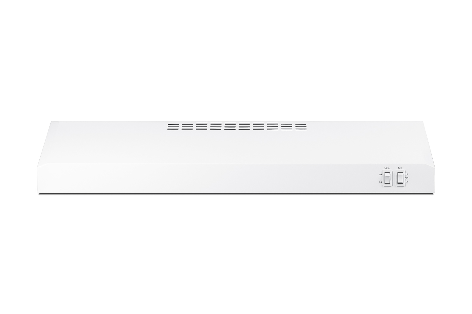 30 inch wide ADA compliant under cabinet convertible range hood for ducted or ductless use in white, made in North America with a remote wall switch